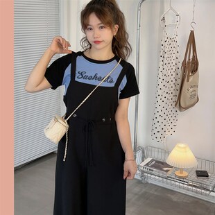 宽松吊带7分裤 夏季 活泼系带背带阔腿裤 小个子薄款 女 显瘦休闲时尚