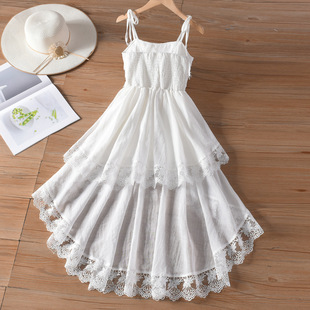 纯白吊带连衣裙仙女风海边度假蛋糕裙前短后长裙子女可扎染