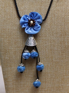 云南民族风布艺扎染项链大理蓝染项饰花朵复古文艺挂件