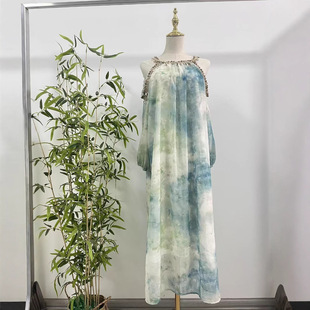 新款贝壳亮片裙子挂脖时尚宽松蓝色仙女裙夏季连衣裙粉色连衣裙