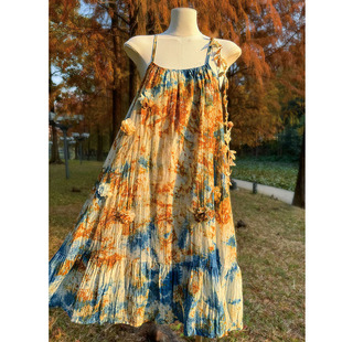 亲子装云南古法铁锈扎染吊带裙母女装连衣裙多巴胺黄昏沙滩裙