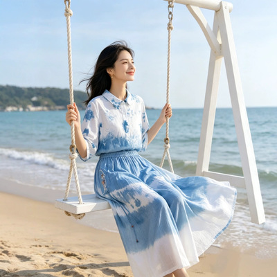 云南大理批发手工纯植物板蓝根蓝染扎染旅游度假女士松紧腰阔腿裤