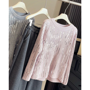 重工亮片针织毛衣女2025秋冬新款正肩宽松显瘦长袖圆领套头上衣潮