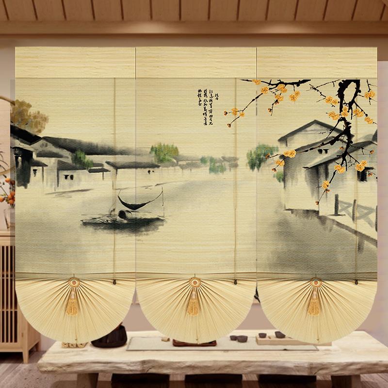 竹帘印花卷帘窗帘阳台帘子装饰画山水中式茶室竹隔断竹门帘墙壁画