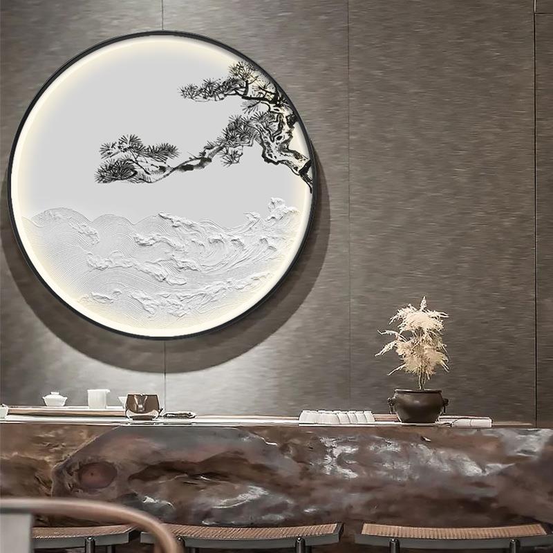 新中式客厅装饰画圆形led灯玄关走廊挂画迎客松油画立体浮雕海浪图片