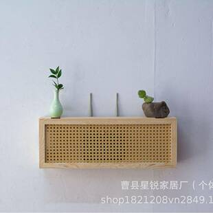 墙面路器装饰路木置物架壁挂式由器木由A3质整理架实藤编实木收纳