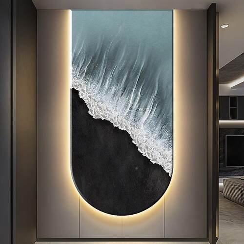 抽象海浪玄关装饰肌理走廊过壁道拱形HS-06280挂画白灰入户画带灯