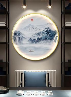 新中入户14086玄关装式饰画圆形带灯led发光山水字过画道禅意画挂