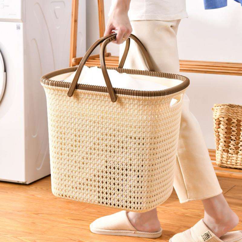 纳家用QXR仿藤纳洗衣收筐塑料镂空脏衣篮衣物收篮带提手编手提带