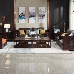 新发中式 实木 现沙禅意黑檀木木皮质代别墅客厅123组实合VKP整装