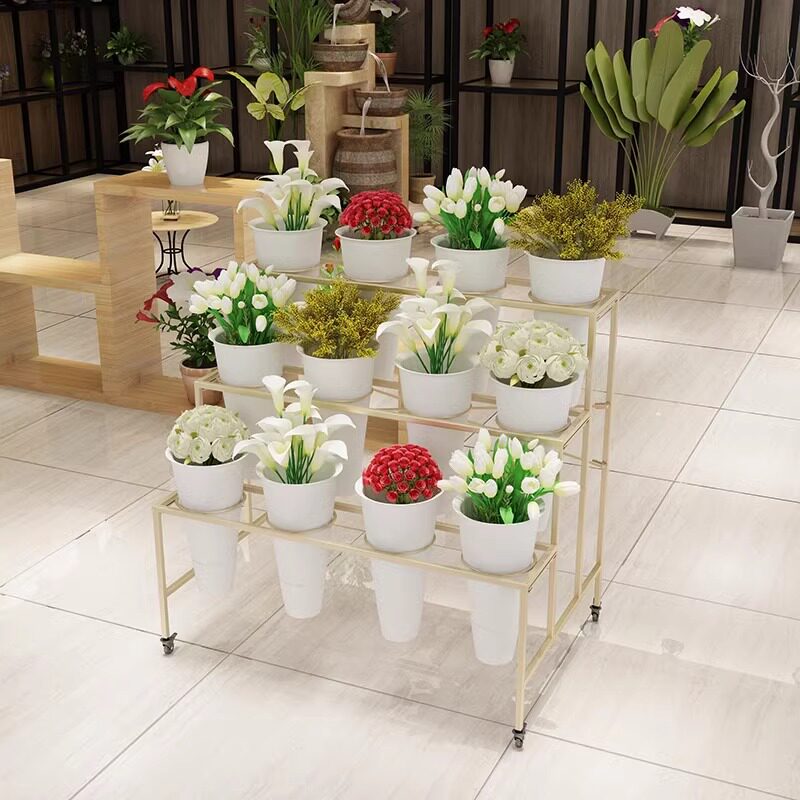 大号花店花架鲜花展示架铁艺多层货架可移动带万向轮塑料鲜花桶架