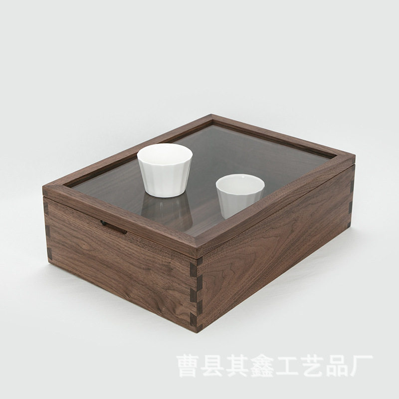 黑胡桃木收纳盒透明玻璃盖展示盒木盒子储物盒茶具收纳柜木盒
