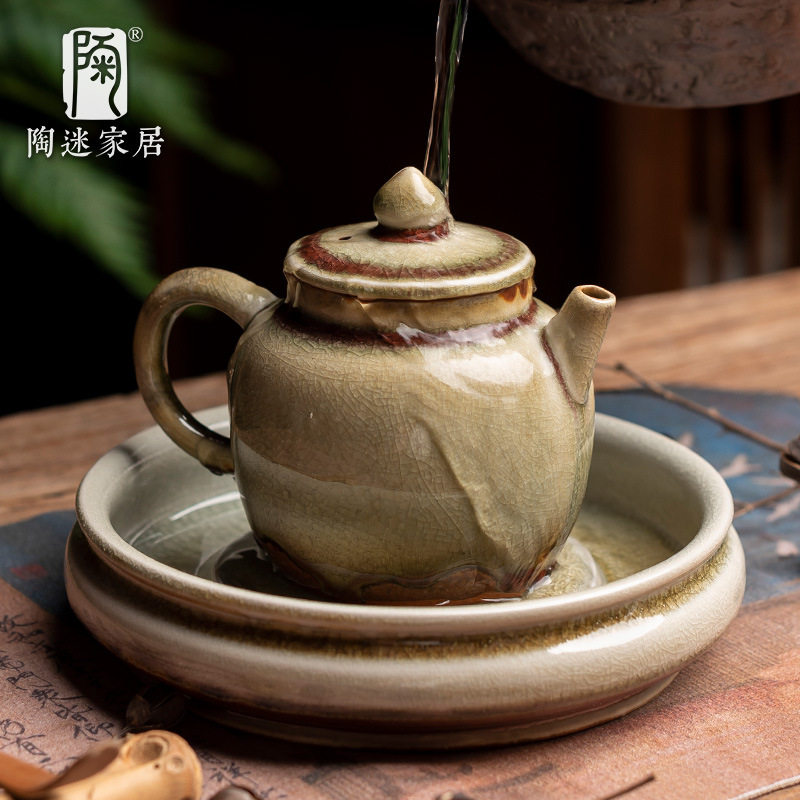 陶迷窑变流釉茶壶清水柴烧陶瓷泡茶具日式复古正把壶蓄水干泡壶承
