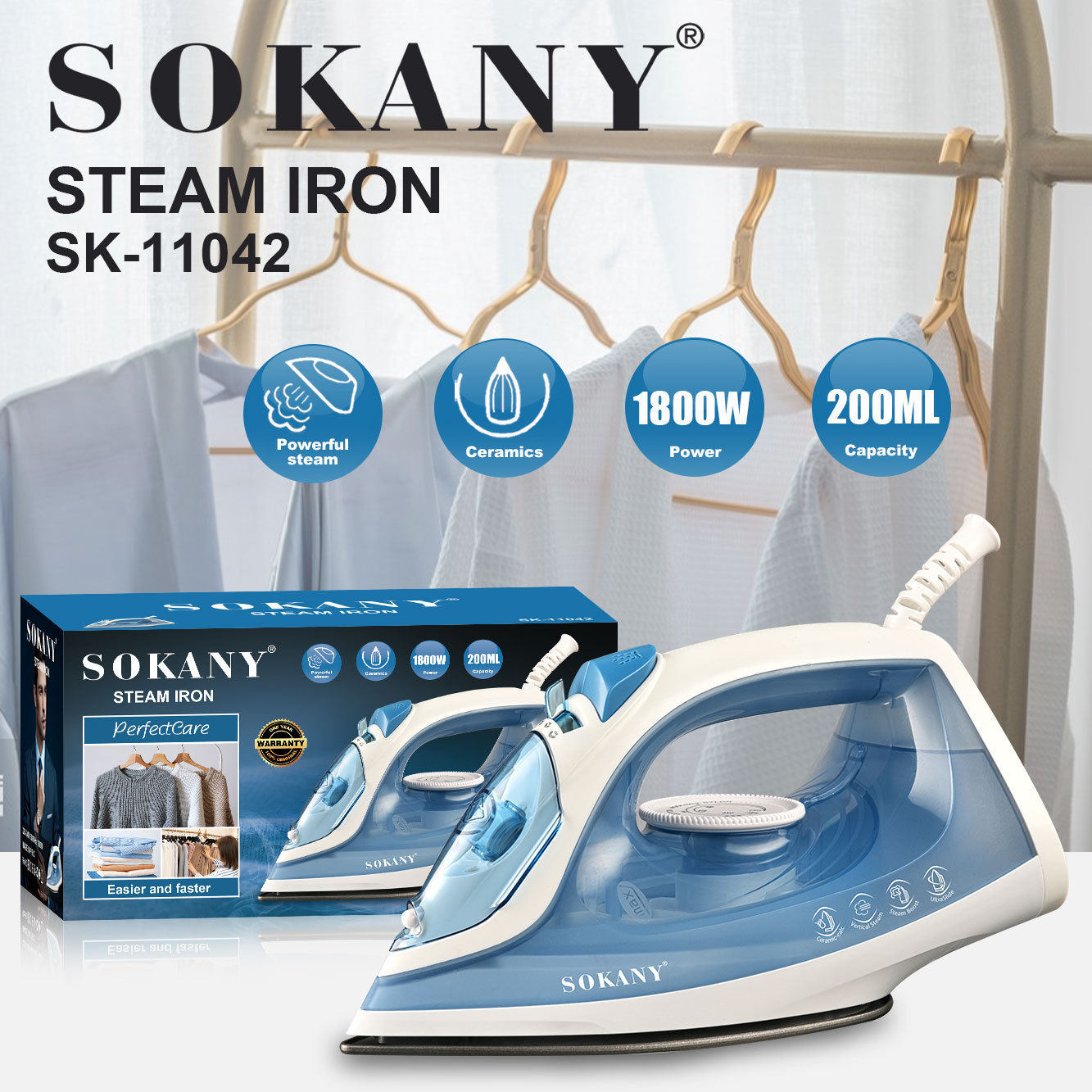 出口SOKANY11042熨斗家用陶瓷底板电熨斗熨烫衣物蒸汽熨斗