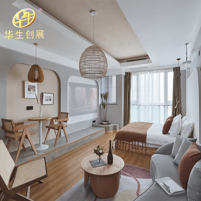 原木风民宿星级酒店民宿客房家具公寓式酒店家具酒店床箱床头床屏