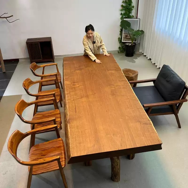 柚木实木整板大板茶桌椅套装组合一桌五椅新中式茶几办公室全实木