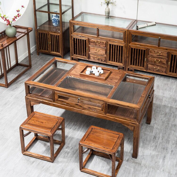 新款榆木展示柜中式珠宝柜台首饰文玩玻璃洽谈桌玉器货柜商场茶桌