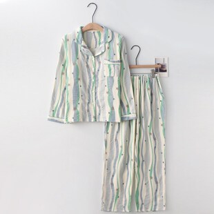 蓝条纹多巴胺睡衣女春夏季纯棉纱布双H层薄款长袖长裤家居服套装