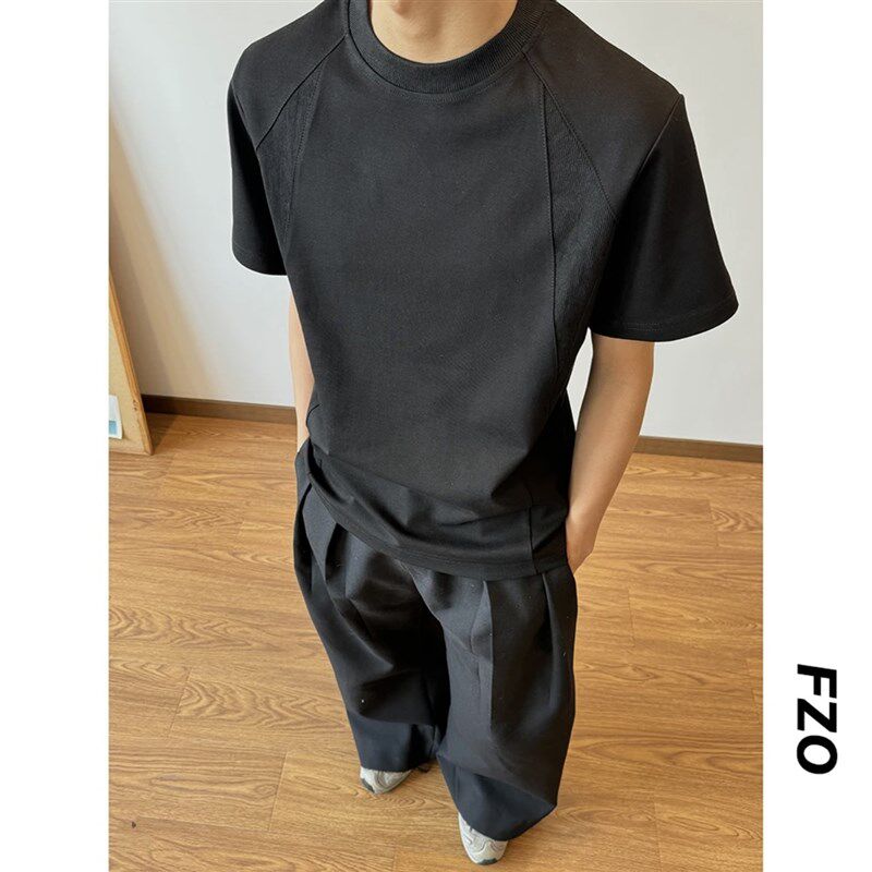 夏季重磅纯棉300G正肩短袖男美式休闲复古小领口螺W纹拼接T恤百搭