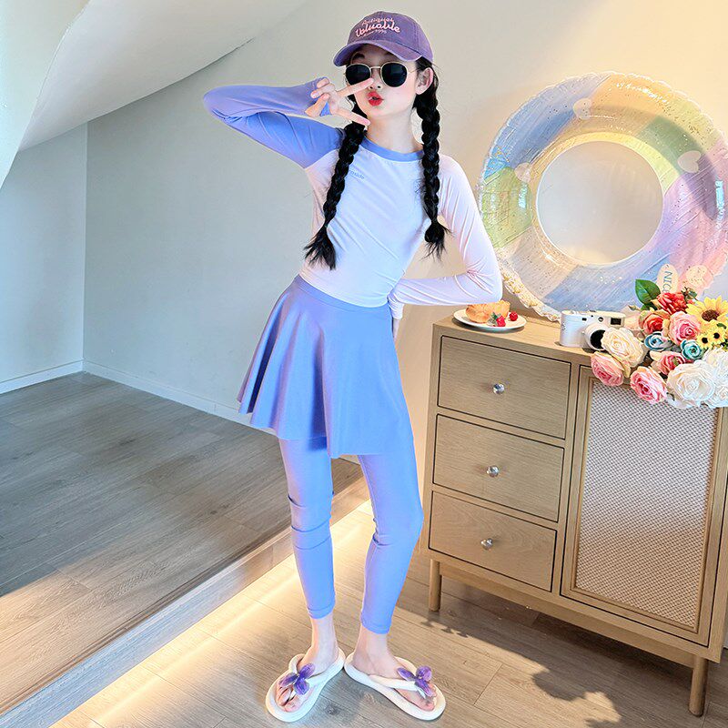女童高颜值泳衣2025新款儿童长袖长裤I泳装大童女孩分体防晒游泳