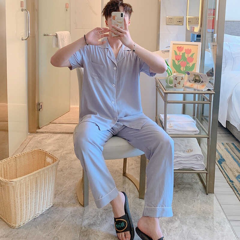 情侣睡衣女夏季日系睡裙薄款大码短袖长裤家J居服2024年新款棉绸