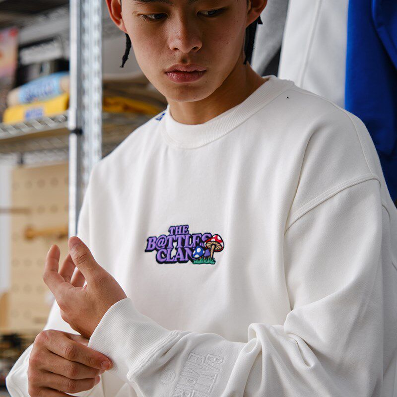 Battles 秋季基础刺绣重磅毛圈纯棉长袖T恤男女薄U款卫衣套头宽松