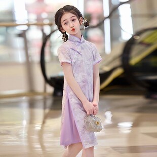 女童旗袍紫色高级洋气2025夏款短袖国风奥黛P新中式连衣裙日常可