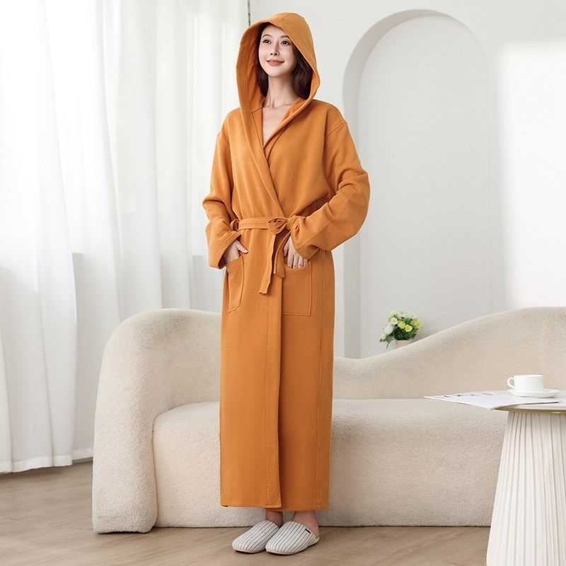 浴袍女款纯棉吸水四季通用连帽粉色全棉睡衣春秋T款加长款男士睡