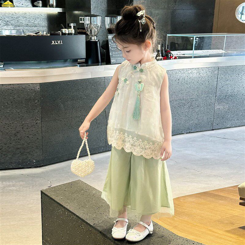 女童新中式套装2025新款夏季女孩古风日常可穿R汉服国风旗袍两件