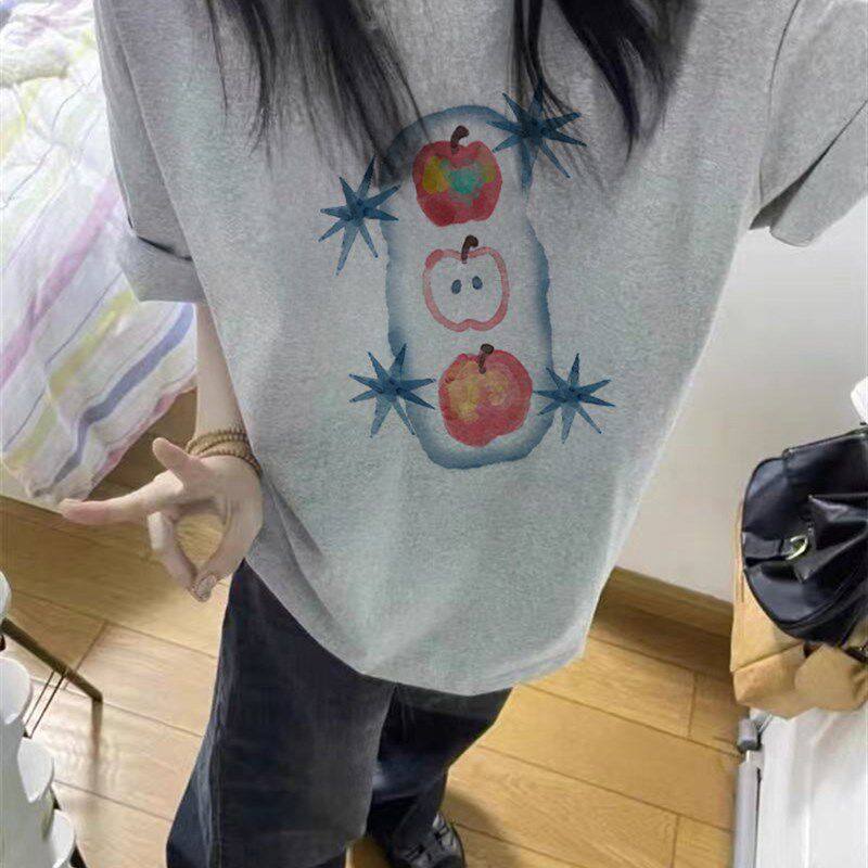 纯棉夏季b美式灰色正肩短袖t恤女2025新款设计感小众宽松半袖上衣