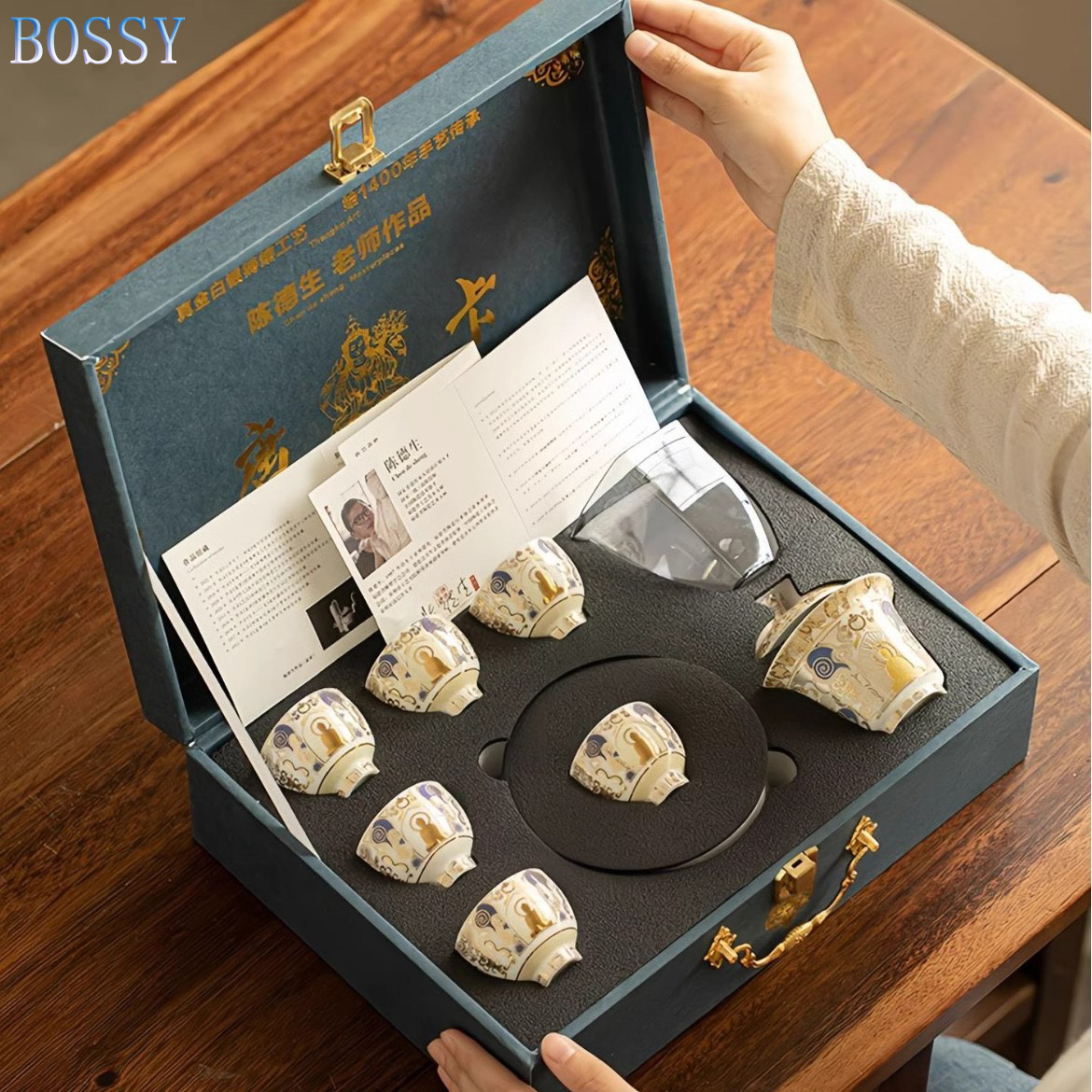 黑金银错盖碗功夫茶具套装敦煌风