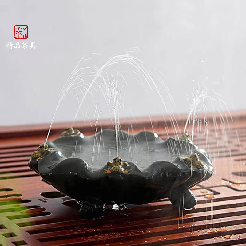紫砂可养喷水青蛙茶宠五子登科功夫茶道茶壶承盖托茶具茶台装饰