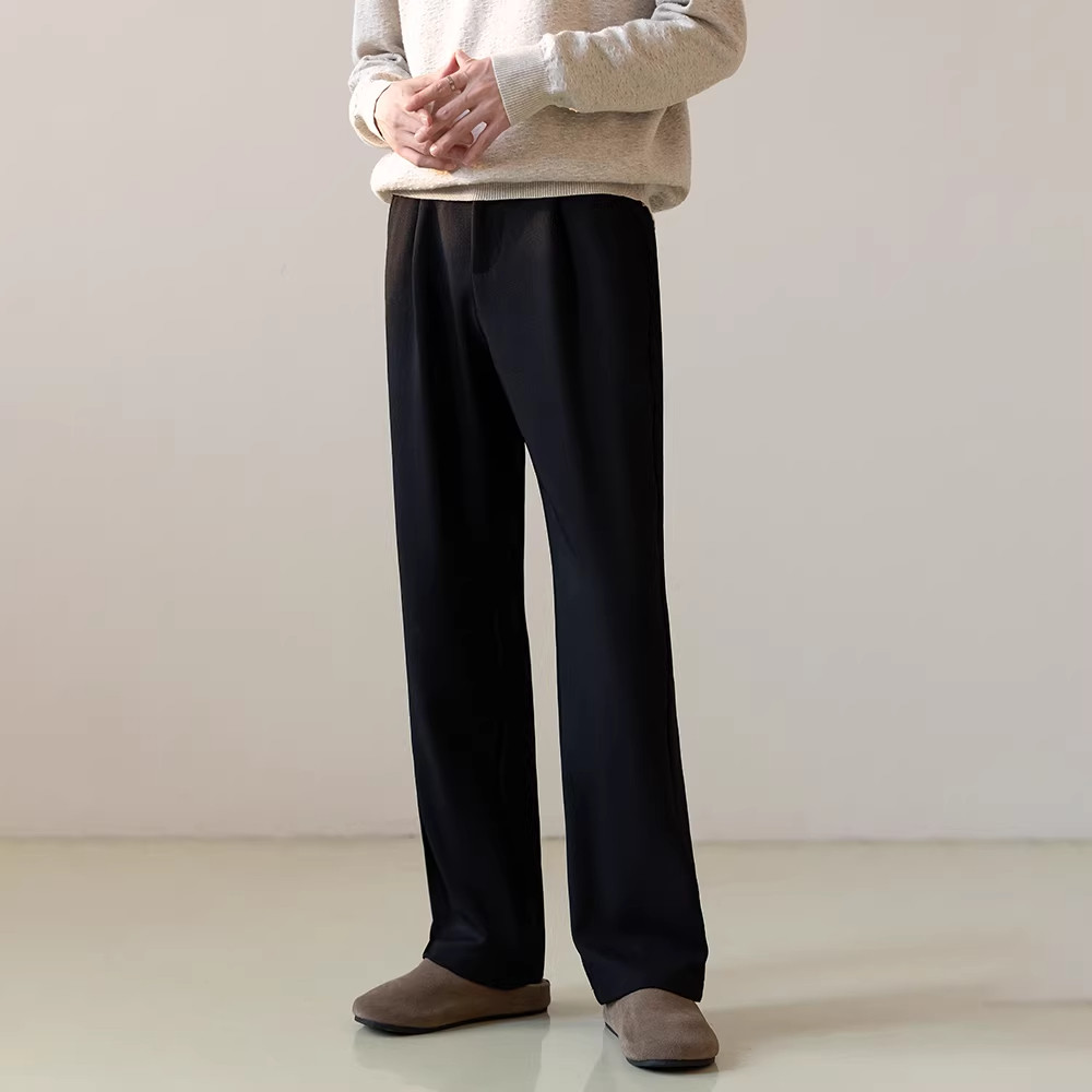 【日本冈山】极简风加绒黑色休闲长裤男直筒宽松保暖阔腿垂感西裤