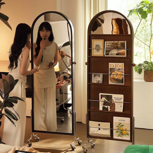 实木中古风可移动旋转全身镜