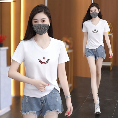 夏季V领笑脸刺绣显瘦纯棉T恤