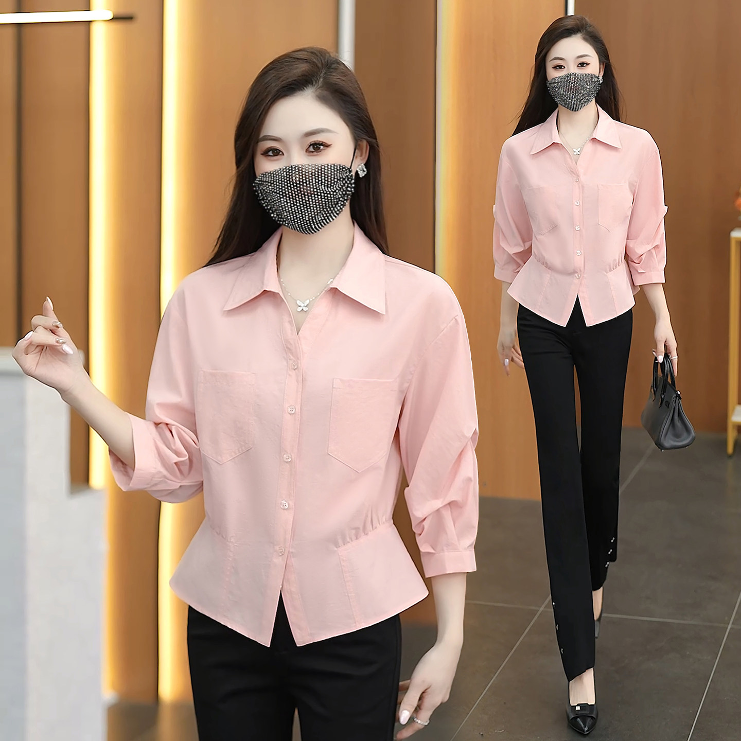2026春秋新款韩版时尚百搭气质显瘦收腰七分袖高端粉色衬衫女上衣