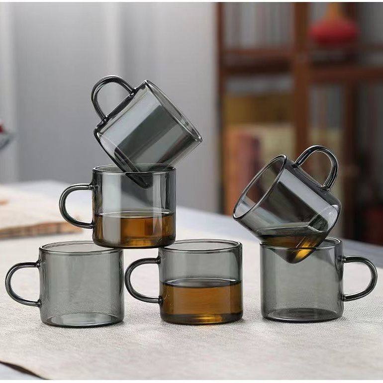 烟灰色玻璃茶杯带把加厚耐热功夫茶具品茗杯茶壶全套装白酒二两杯