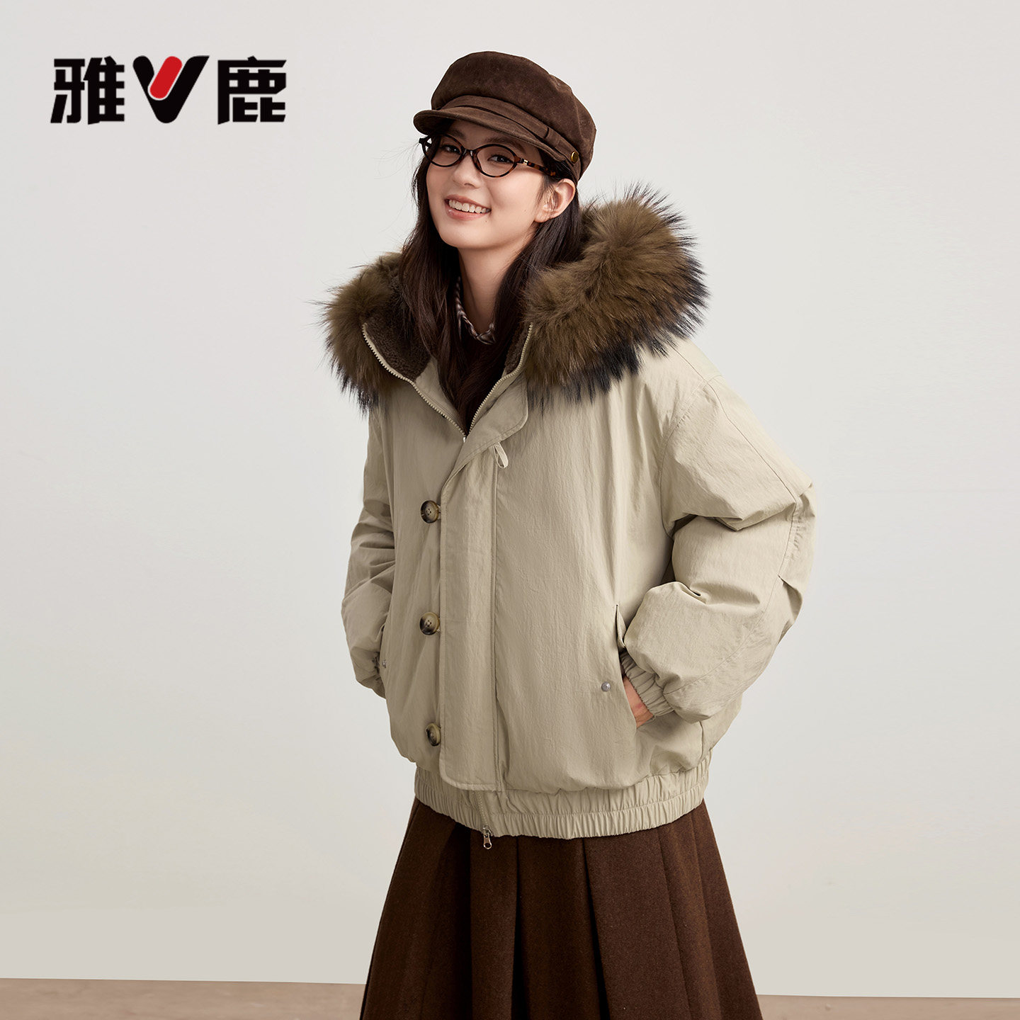 雅鹿短款派克服羽绒服女2026冬季新款时尚大毛领宽松显瘦保暖外套
