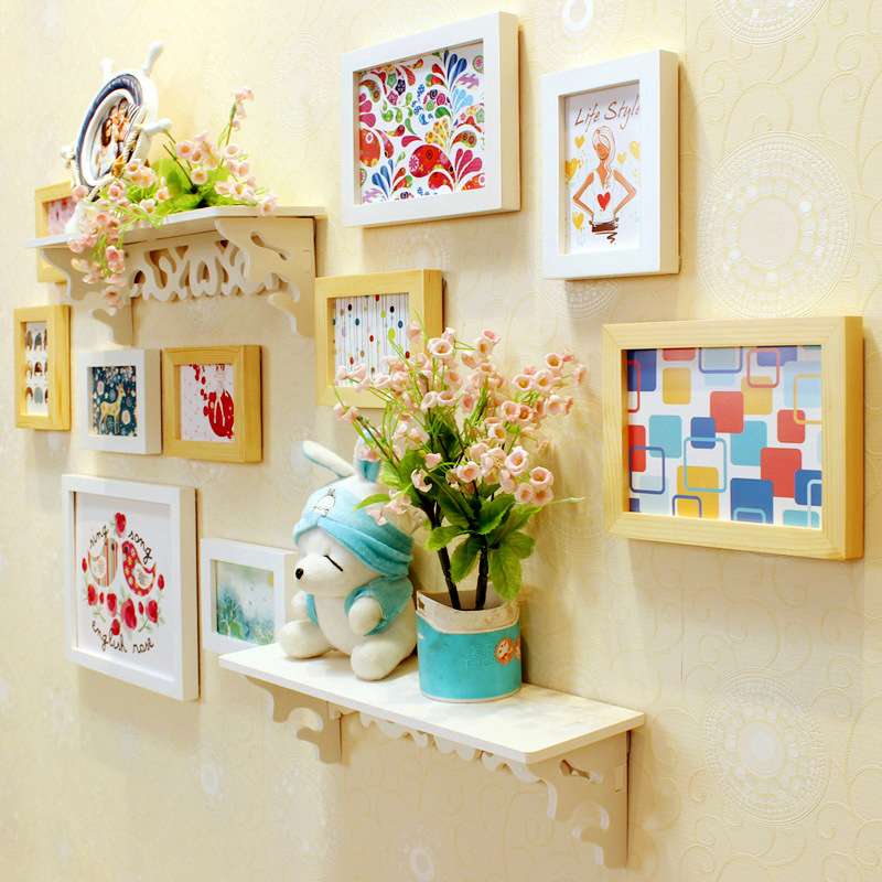 照片墙5寸7寸10寸相框组合雕花置物架相片墙 实木照片墙挂墙