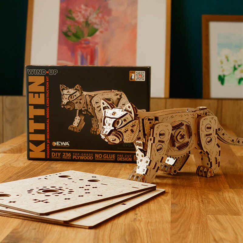 EWA田园猫积木质拼装模型t益智拼图玩具男女孩礼物潮玩萌宠机械DI