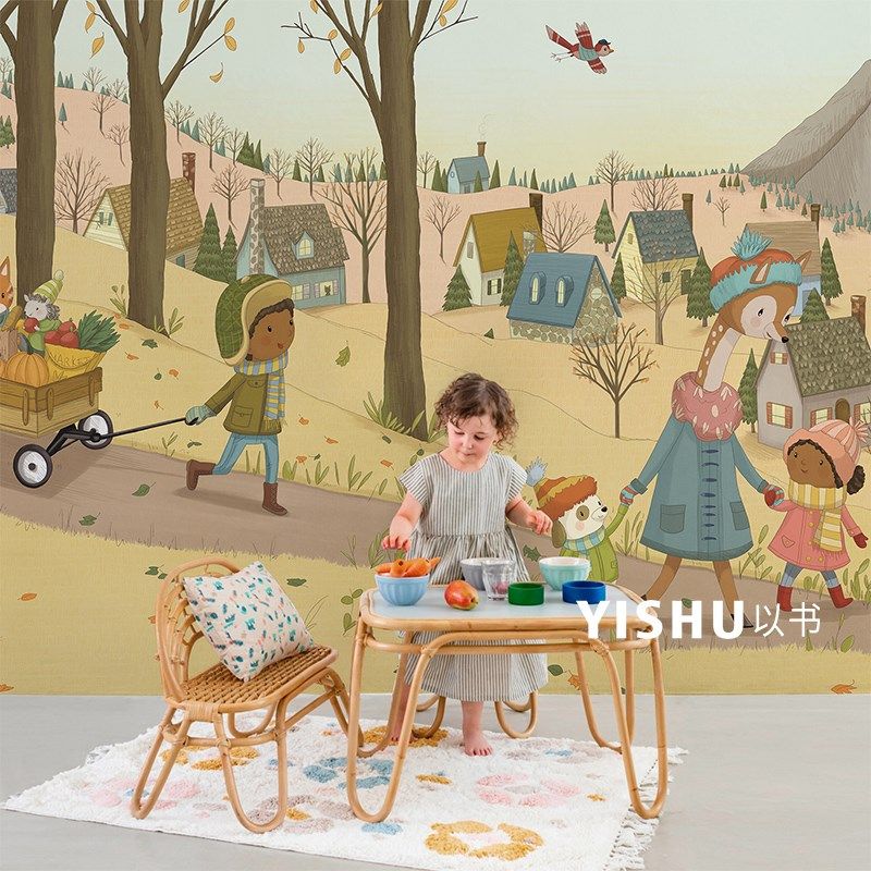 手绘插画儿童房墙布壁纸森林卡通动物男孩女孩卧室背景墙纸壁布,家装主材,定制壁画,淘宝优惠券,粉丝福利购,淘宝优惠卷