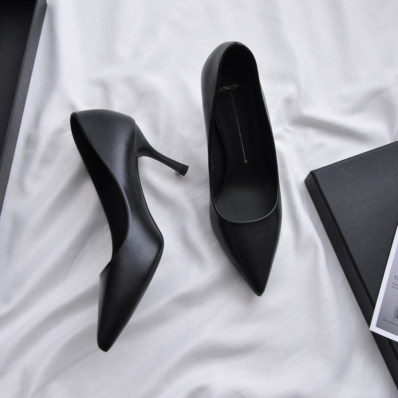 2025年新款软皮黑色高跟鞋女职业工作鞋7cmM通勤细跟高跟单鞋5cm