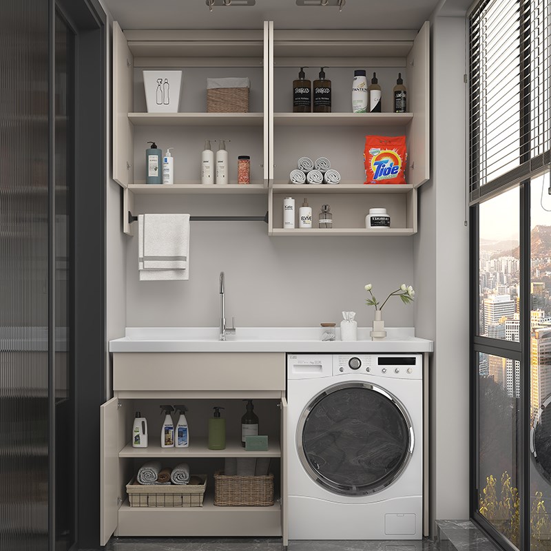 蜂窝铝洗衣机一体柜奶油风阳台柜带搓衣板滚筒式洗衣机伴侣洗衣柜