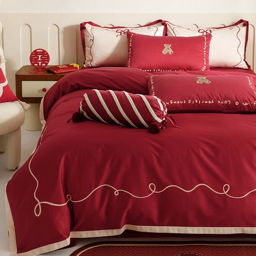 浪漫婚庆100S长绒棉四件套高级感刺绣纯棉红色结婚被套床上用品