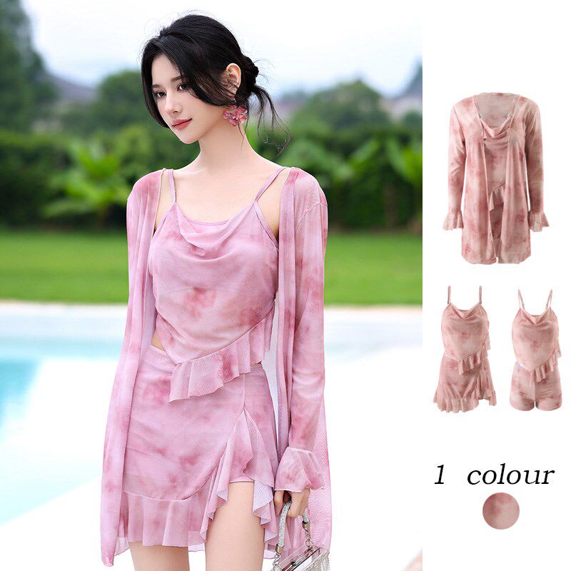韩版泳衣女分体三件套罩衫外罩长j袖微胖显瘦钢圈聚拢扎染泡温泉