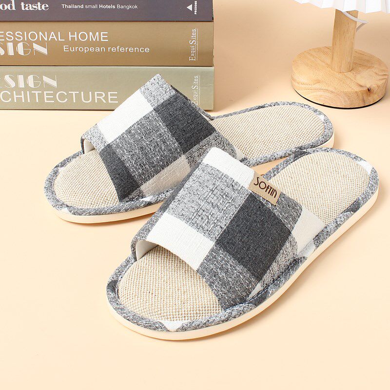 春夏亚麻透气清新格纹情侣室内防滑吸汗轻便地板凉拖鞋买2送1凉拖