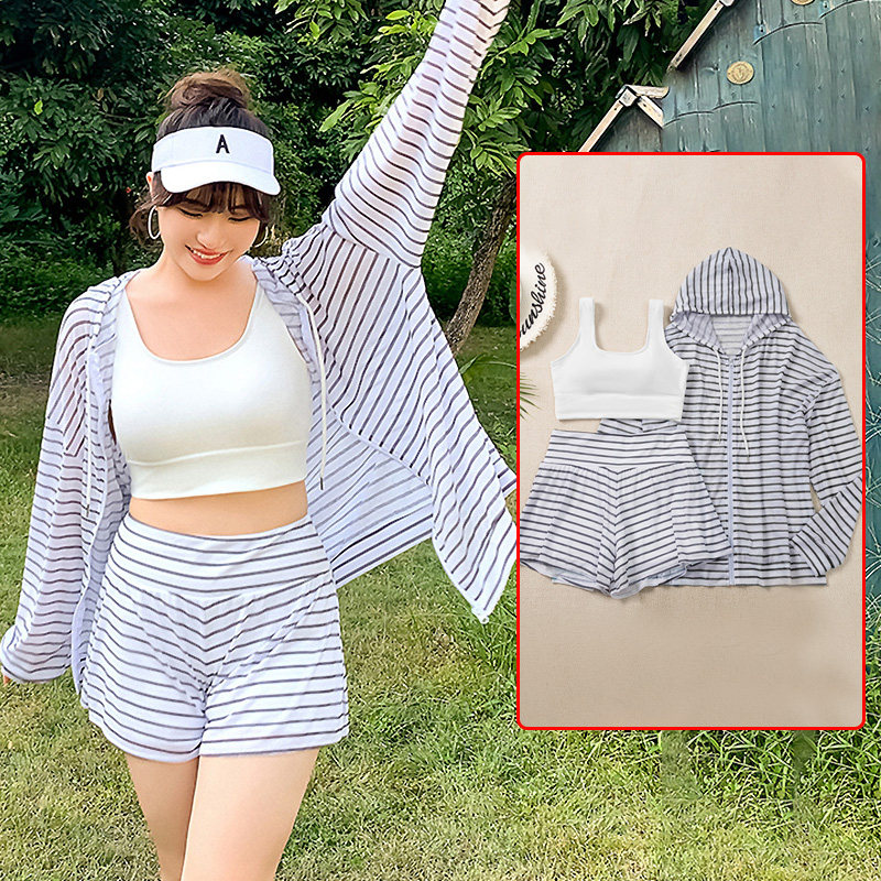 长袖泳衣大码胖mm遮肉分体三件套保守纯欲泳衣女款U泡温泉显瘦泳