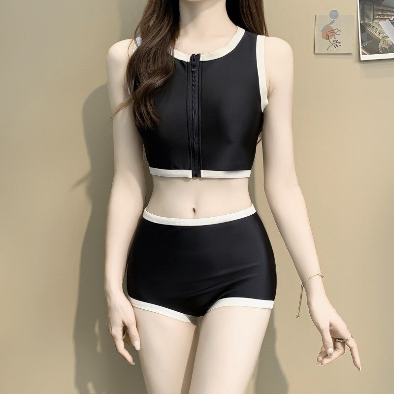 分体泳衣女2024新款爆款遮肉显瘦平角裙式三件套黑色高级感游泳衣