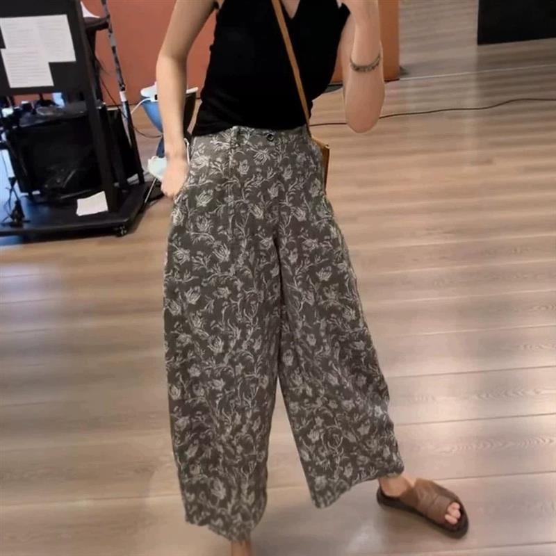 韩式高腰碎花阔腿裤女2026夏季新款宽松显瘦百搭松紧腰九分直筒裤