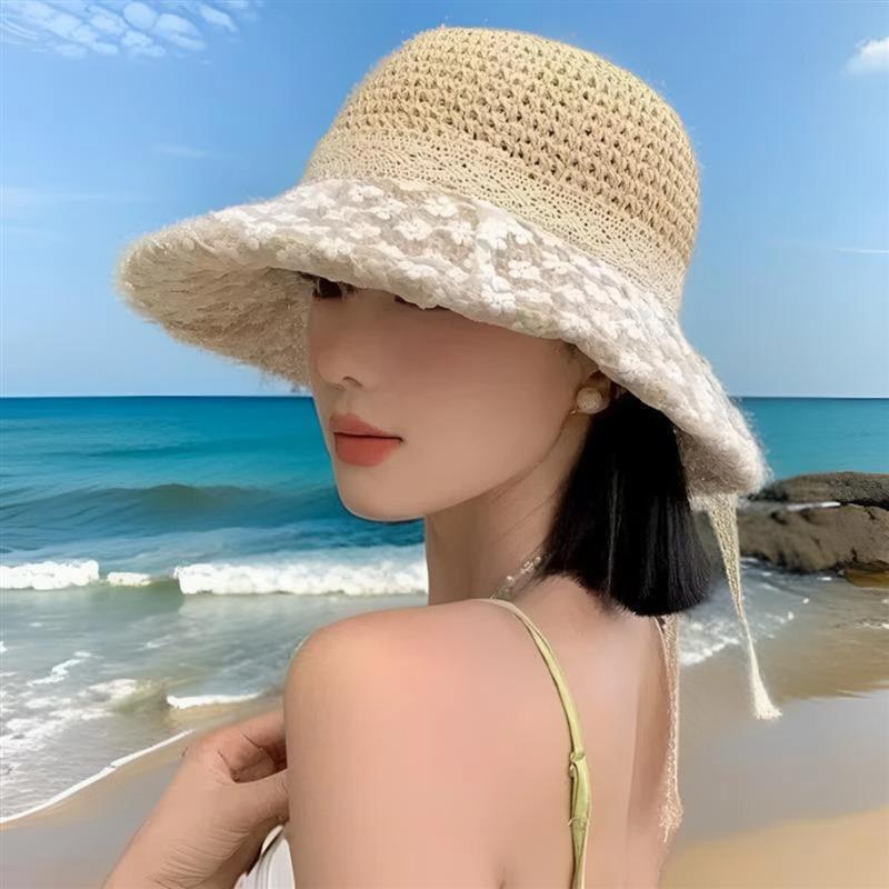 红鑫阁2显脸小蕾丝草帽镂空遮阳帽子渔夫帽太阳帽法式沙滩夏季